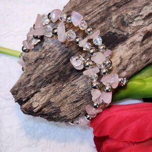 Hand Crafted Memory Wire Bracelet With Pink Quartz Chips And AB Glass Beads